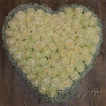 Rouwhart witte rozen met gips